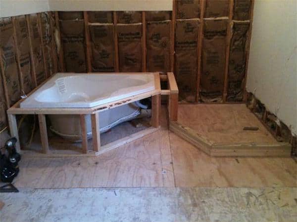 Bathroom remodel with new shower tub and tile in progress